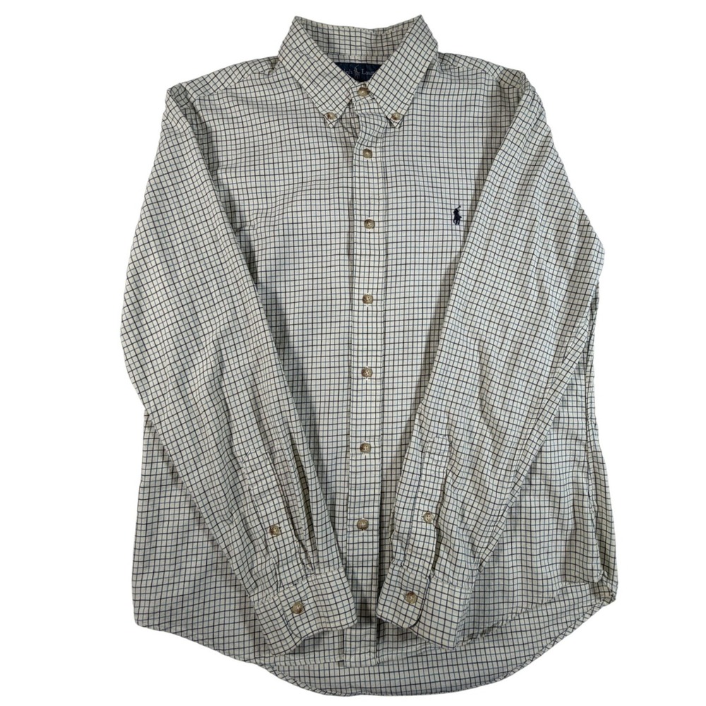 Ralph Lauren Custom Fit Tattersall Check Button Down Shirt Cream‎ Navy Mens L